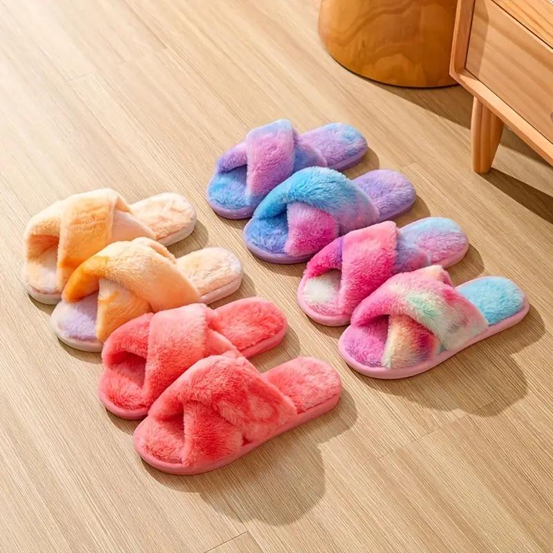 Women's Tie Dye Plush House Slippers, Warm Open Toe Slip On Shoes, Women's Cross Strap Flat Shoes