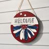 Spring Flower Wreath Welcome Sign, Independence Day Patriotic Hanging Plaque, Round Wooden Door Hanger Decoration for Indoor Outdoor