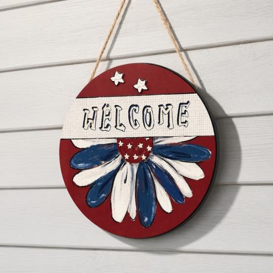 Spring Flower Wreath Welcome Sign, Independence Day Patriotic Hanging Plaque, Round Wooden Door Hanger Decoration for Indoor Outdoor