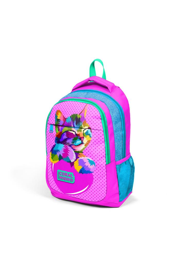 Детский школьный рюкзак с тремя отделениями Coral High Kids Pink Blue Glittery Cat Patterned 14387