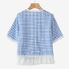 VONDA Women V Neck Short Sleeve Lace Crochet Patchwork Buttons Plaid Casual Blouse