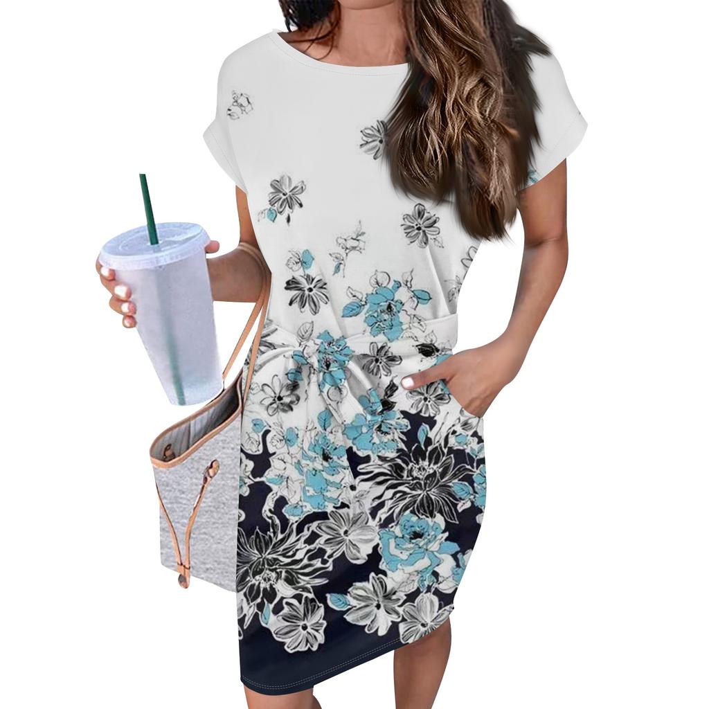 Женские повседневные модные сексуальные платья-туники с круглым вырезом и коротким рукавом с ботаническим цветочным принтом
