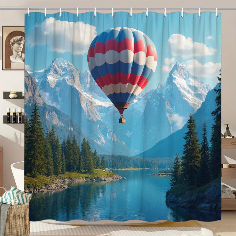 Hot Air Balloon Shower Curtain Mountain Lake Landscape Print Polyester Bath Curtain With Hooks For Nature Adventure Decor
