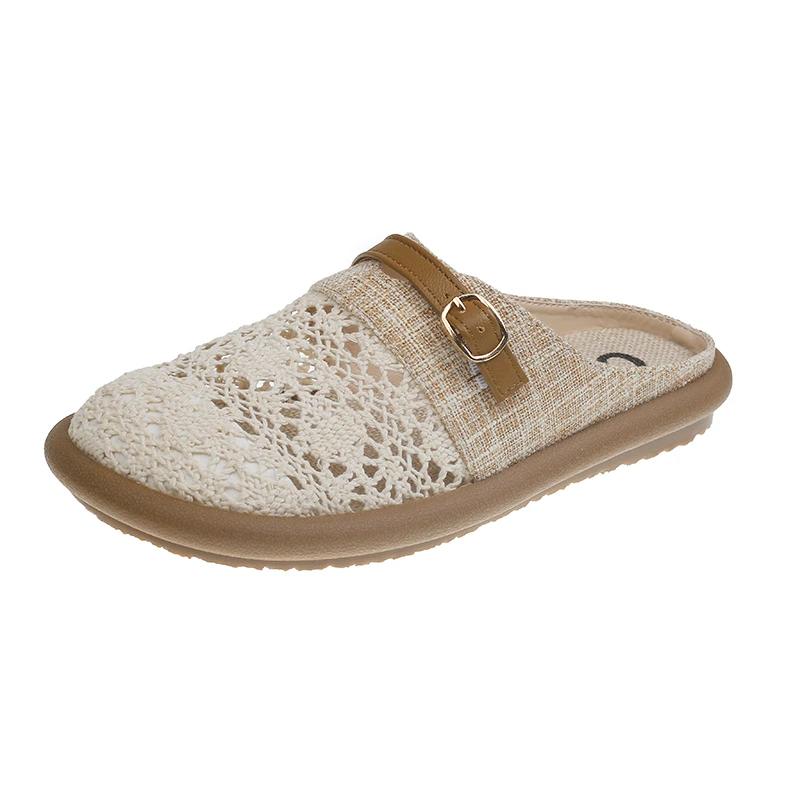 Fashion Shoes for Women 2025 New Breathable Flax Outdoor Women's Slippers Fashion Flat with Baotou Hollow Out Solid Modern Slippers