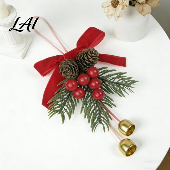 Christmas Tree Hanging Ornaments Bell Ornament Metal Jingle Decoration with Pine Cones Handmade Holiday Wreath Decor Berries Velvet Bow for