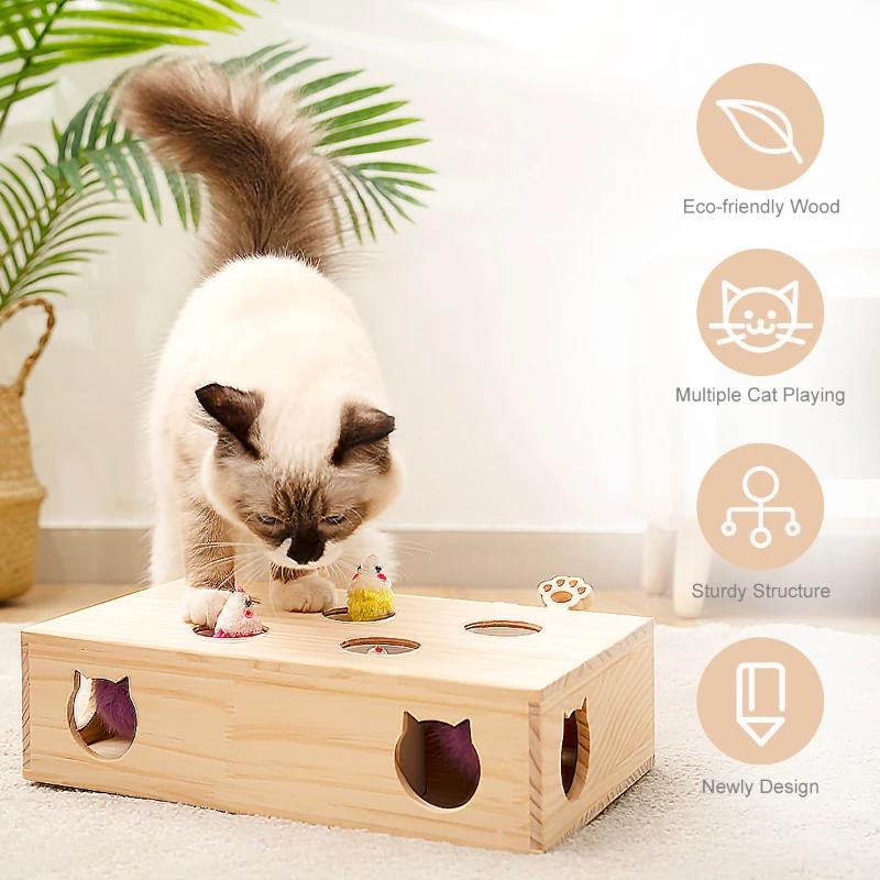 Cat Toy Interactive Mole Fighting Solid Wood Toy Indoor Cat Kitten Mouse Catching Game