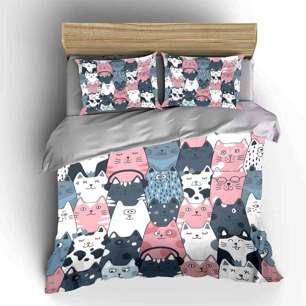 Cute Cartoon Cat Pattern Design Bedding Duvet Cover Set (1*Duvet Cover 2*Pillowcases, without duvet insert)