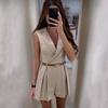 Lady Romper Turn-down Collar V Neck Solid Color Pleated Sleeveless Slim Fit OL Commute Formal Style Soft
