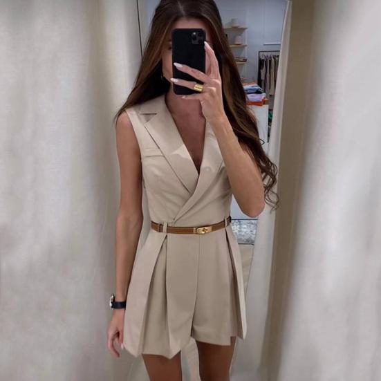 Женский комбинезон с отложным кроем, ПР, плиссированный вырез, однотонный воротник, V-образный вырез, без рукавов, тонкий, деловой, деловой