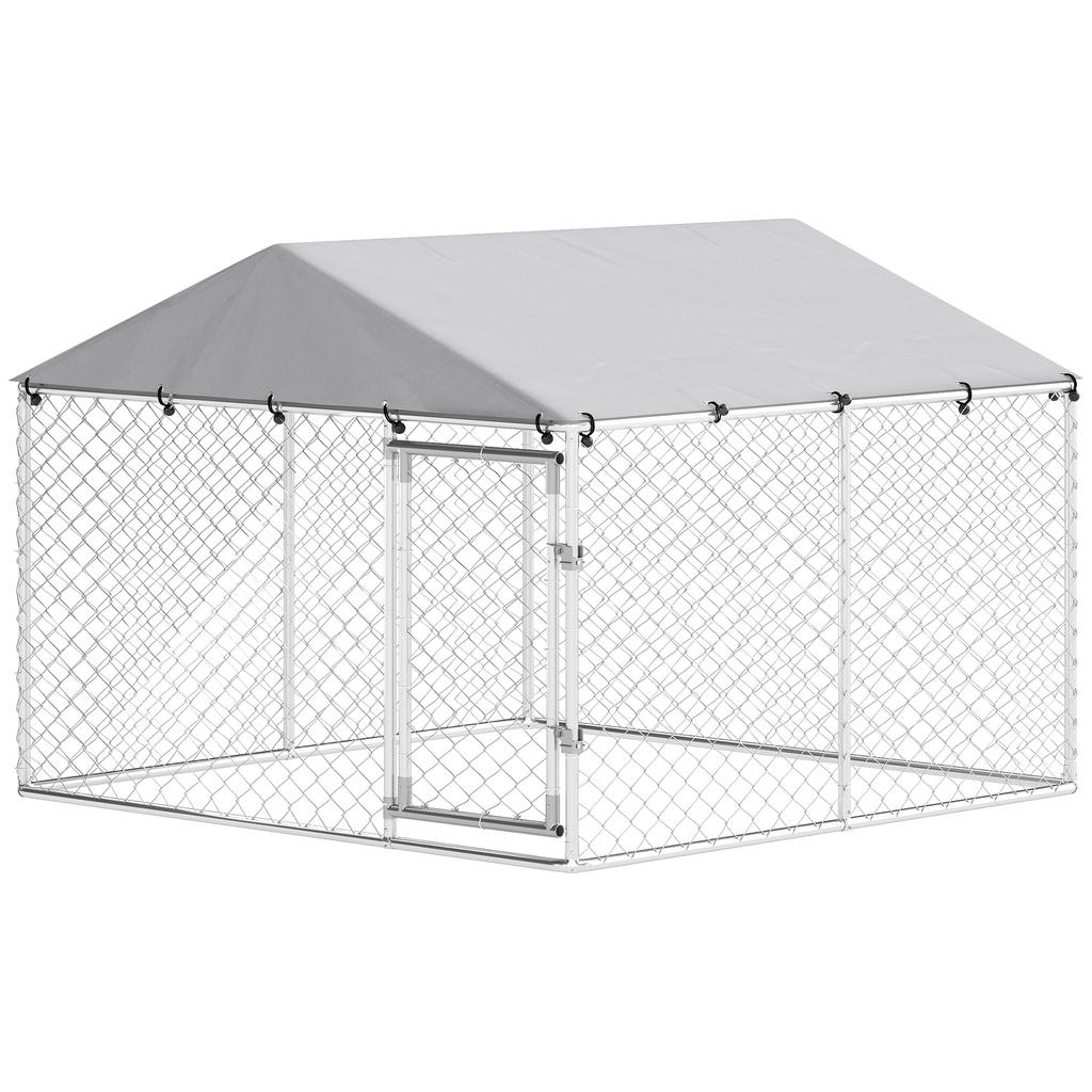 Outdoor Dog Pen, Galvanized Steel, with PE Roof, Anti-UV, Waterproof, Double Lock, Silver