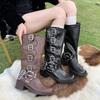 Fashion Fashion Metal Buckle Motorcycle Boots for Women Black PU Leather Chunky Heel Long Botas Mujer 2025 Autumn Winter Knee High Boots