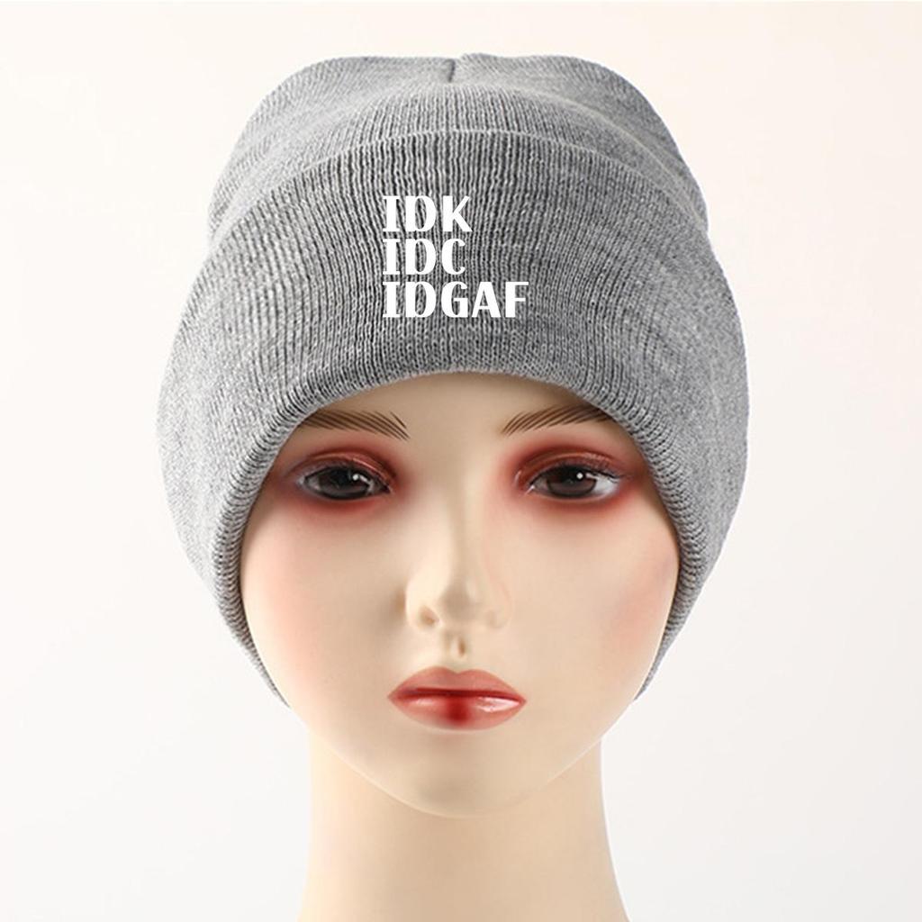IDK IDC IDGAF" Winter Knit Hat Beanie, White Text Skullies Beanies Warm Winter Sporting Gorro Knitted Cap Beanie