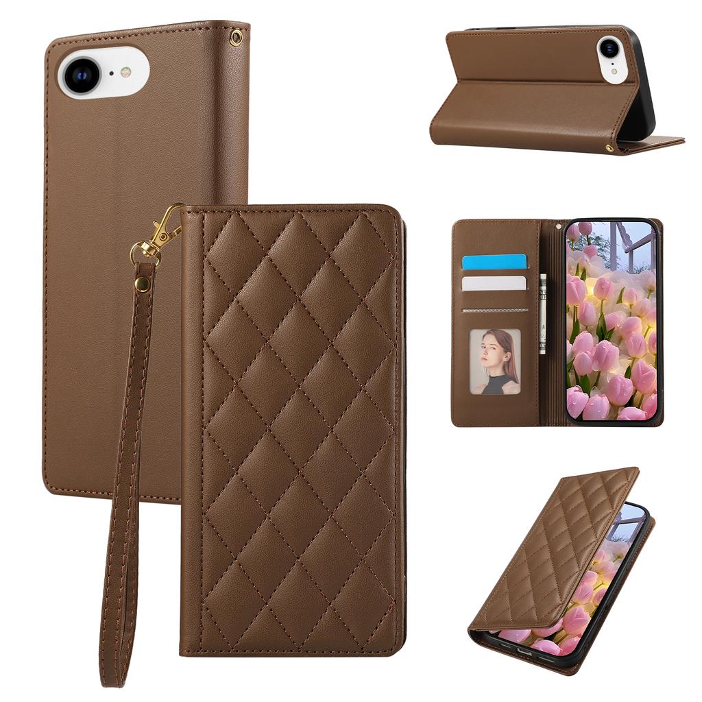 For iPhone 16e Case RFID Blocking Wallet Stand Rhombus Leather Phone Cover with Wrist Strap