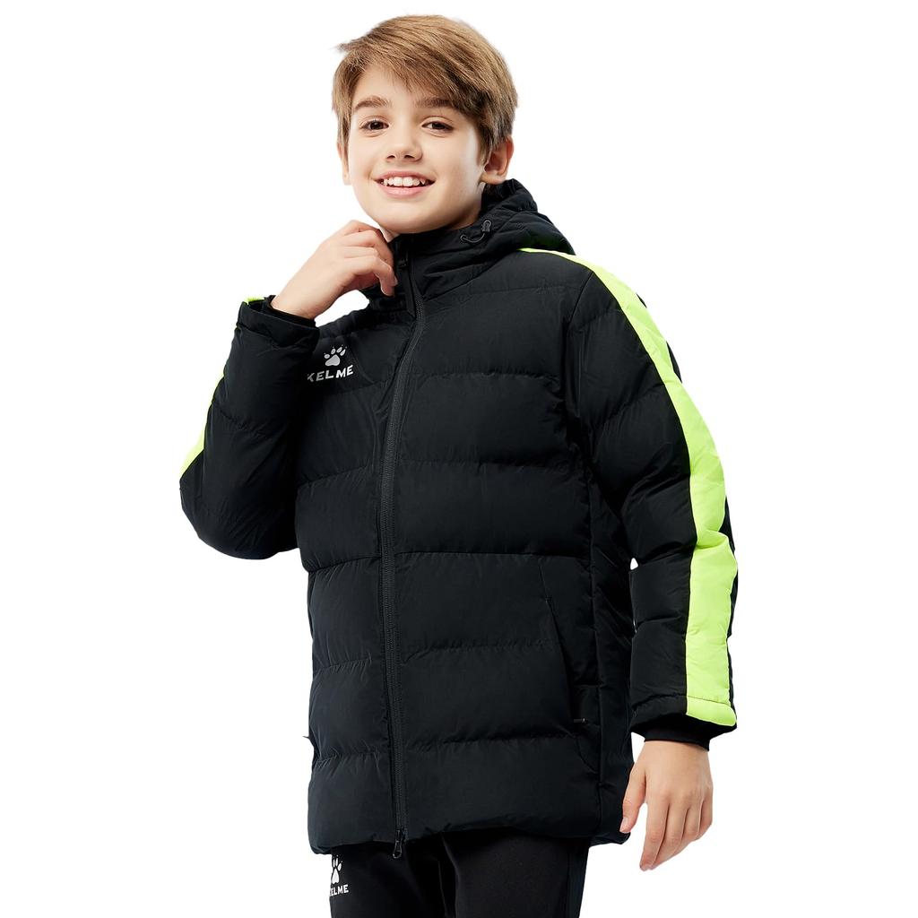 Kelme Kids' Winter Cotton Sports Jacket, Soccer Training Jersey, Warm and Thick, Short Version A, Black, Size 130