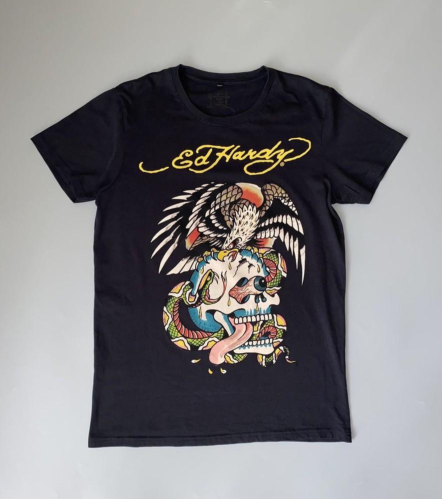 Ed Hardy Черная футболка унисекс с большим логотипом, плотный хлопок, для мужчин и женщин KH7139
