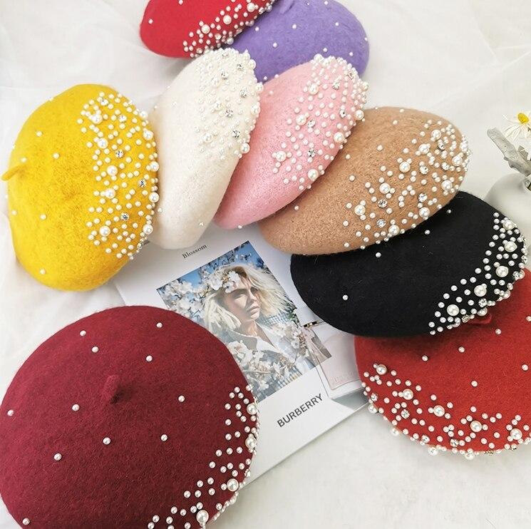 Женский берет с жемчугом, кашемировая зимняя ретро французская зимняя черная, красная французская кепка на плоской подошве, модная однотонная женская винтажная кепка