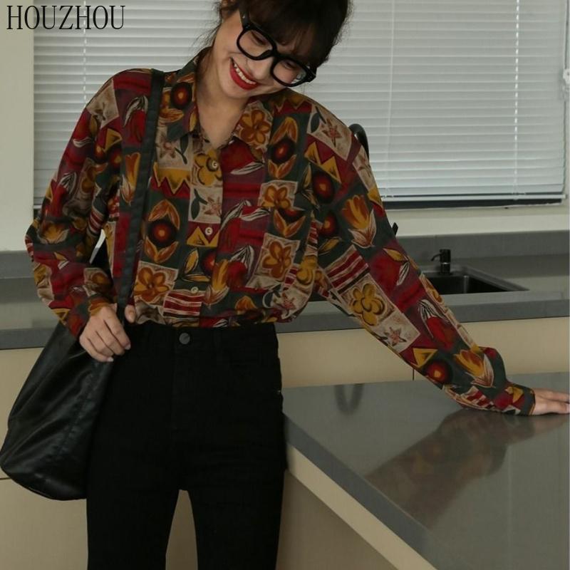 HOUZHOU Printed Blouses Women Loose Vintage Elegant Chic Casual Ins Oversized