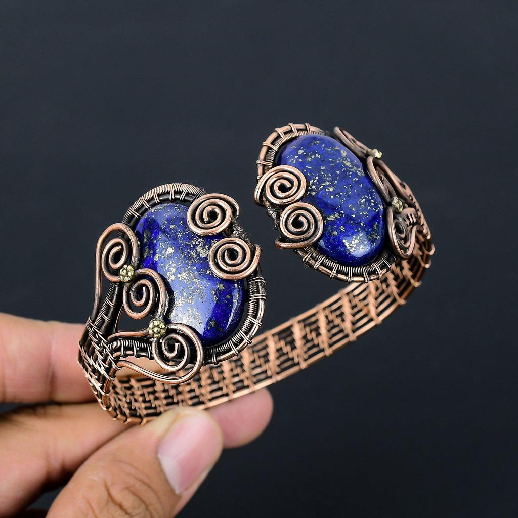 Lapis Lazuli Gemstone Pure Copper Wire Wrapped Handmade Cuff/ Bangle Adjustable Jewelry