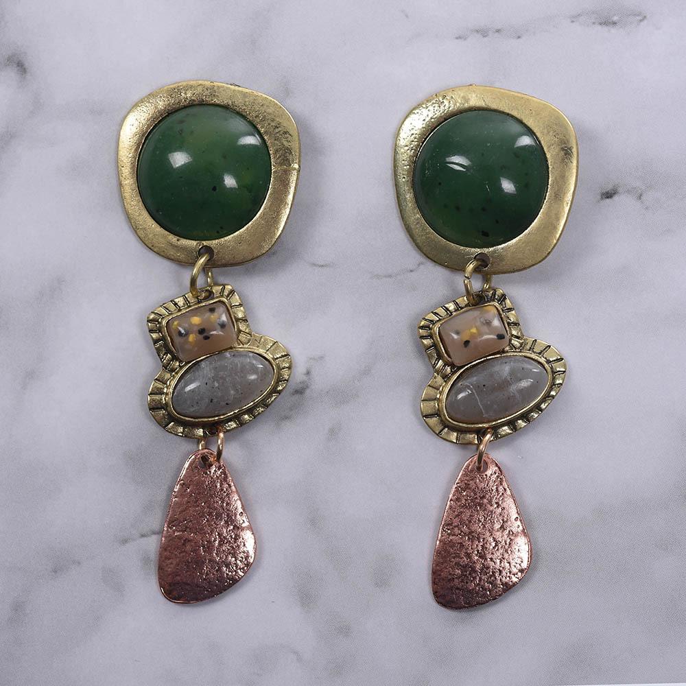 Bohemian Vintage Gem Earrings, Irregular Ethnic Exaggerated Metal Stud Earrings For Women