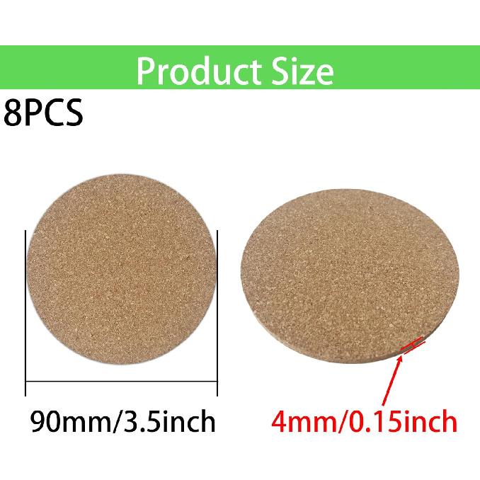 8PCS 3.5”/90mm Cork Coasters, Round Absorbent Drink Coasters for Coffee Table Protection, 0.15" Thick Natural Cork Mat for Hot Cups Home Office Bar