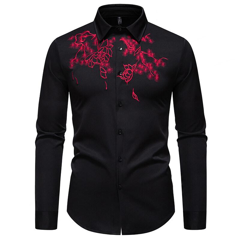 Весенняя мода изысканная цветочная вышивка мужская рубашка с длинным рукавом повседневная однотонная деловая офисная рубашка мужская рубашка для вечеринки в ночном клубе