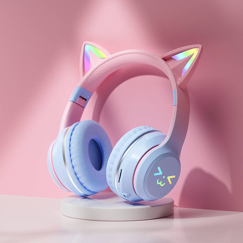 Беспроводные наушники с градиентом RGB, милые кошачьи ушки, Bluetooth наушники с микрофоном, стерео музыкальные игровые наушники, подарки для девочек и детей
