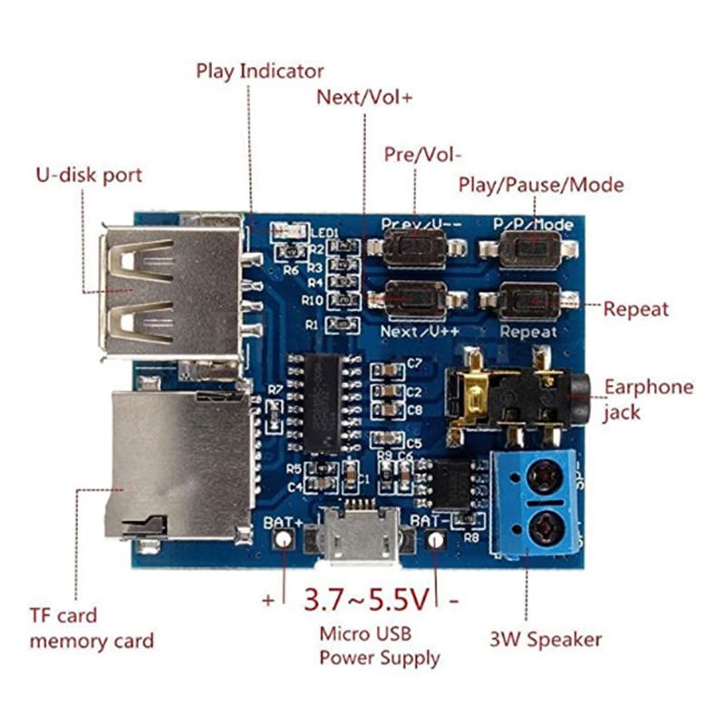 MP3 Lossless Decoder Board With Built-in Amplifier TF Card U Disk Audio Player Module DC 3.7-5.5V Auto Play Music Decoding Board