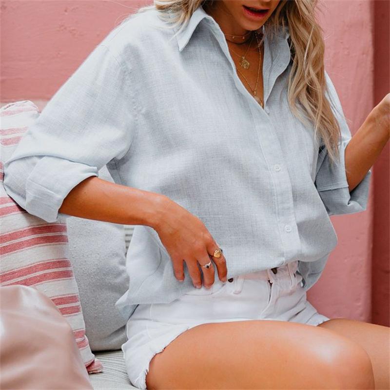 Хлопковые льняные рубашки с отложным воротником и длинными рукавами на пуговицах, женские однотонные свободные топы больших размеров, белая синяя рубашка