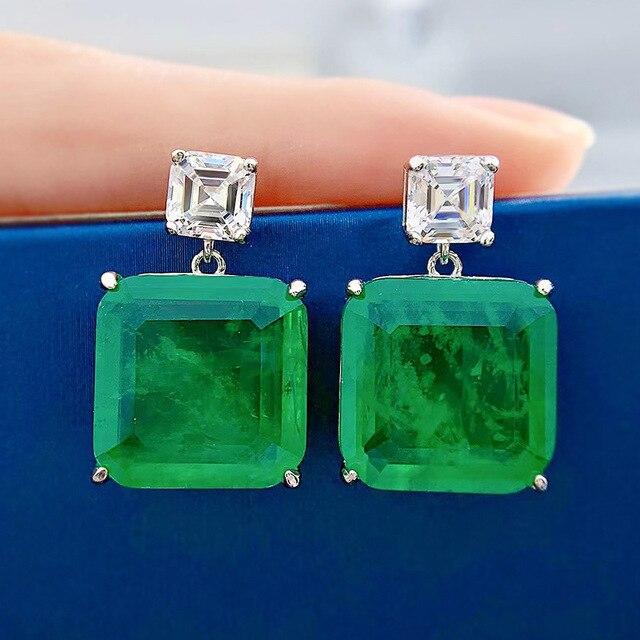 Wong Rain 100% 925 Sterling Silver Emerald Paraiba Asscher Cut High Carbon Diamonds Gemstone Drop Dangle Earrings Fine Jewelry