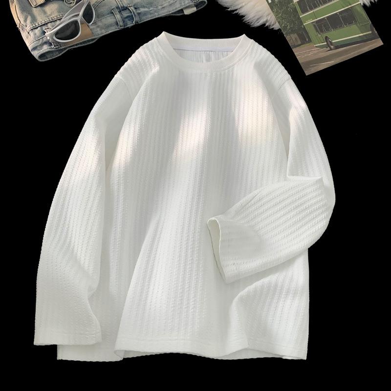 Мужская осенне-зимняя белая текстурная футболка с длинным рукавом, японская свободная, большого размера, повседневная, для дома