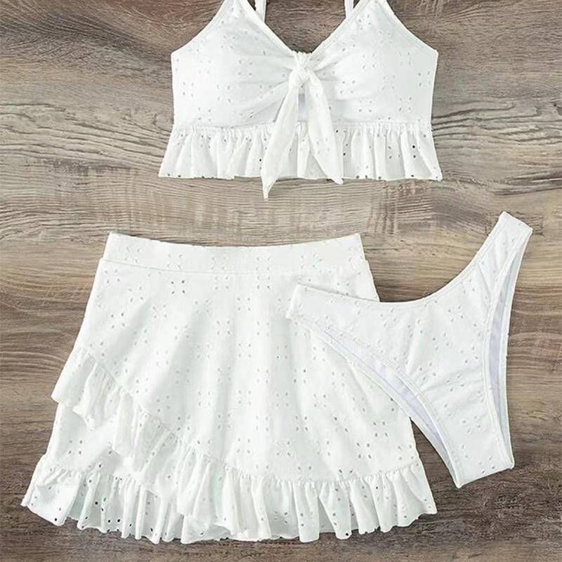 Solid Bikini Set High Waist Mesh Beach Style Swimwear Women Three-piece Flounce Summer Swimsuit Biquini Bathing Suit