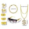 Hip Hop Costume Kit 80s 90s Cosplay Outfit Jewelry Cool Rapper Accessories for Women Men Gold Chain Sunglasses Rings