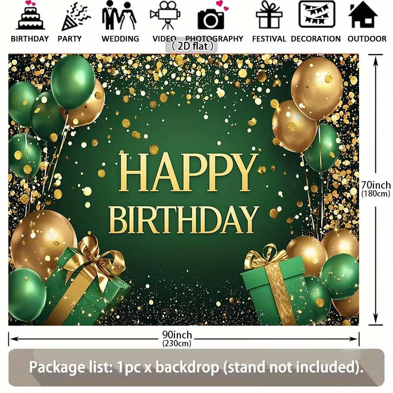 2D Emerald Green Gold Happy Birthday Backdrop Glitter Balloon Banner