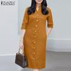 ZANZEA Women Stand Collar Casual 3/4 Sleeve Retro Sheath Dress