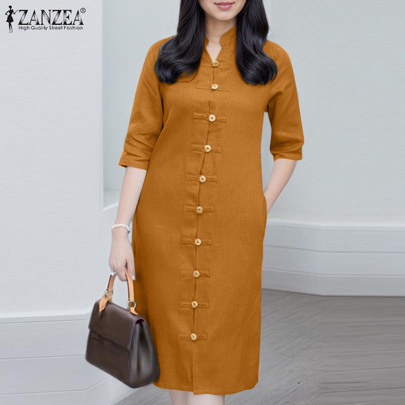ZANZEA Women Stand Collar Casual 3/4 Sleeve Retro Sheath Dress