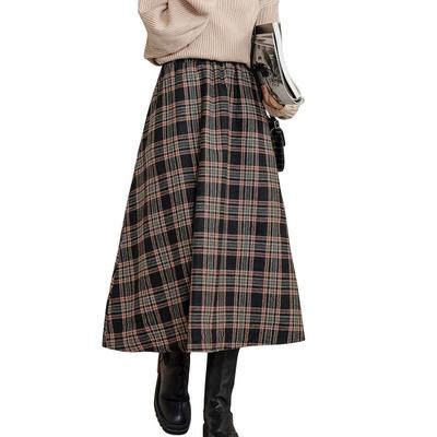 DAYCLOSET Длинные расклешенные свободные клетчатые эластичные брюки 463 Бежевый x Женская юбка, А-силуэт, Посадка, Крой, Талия, Весна/Осень/Зима, (М, Черный)
