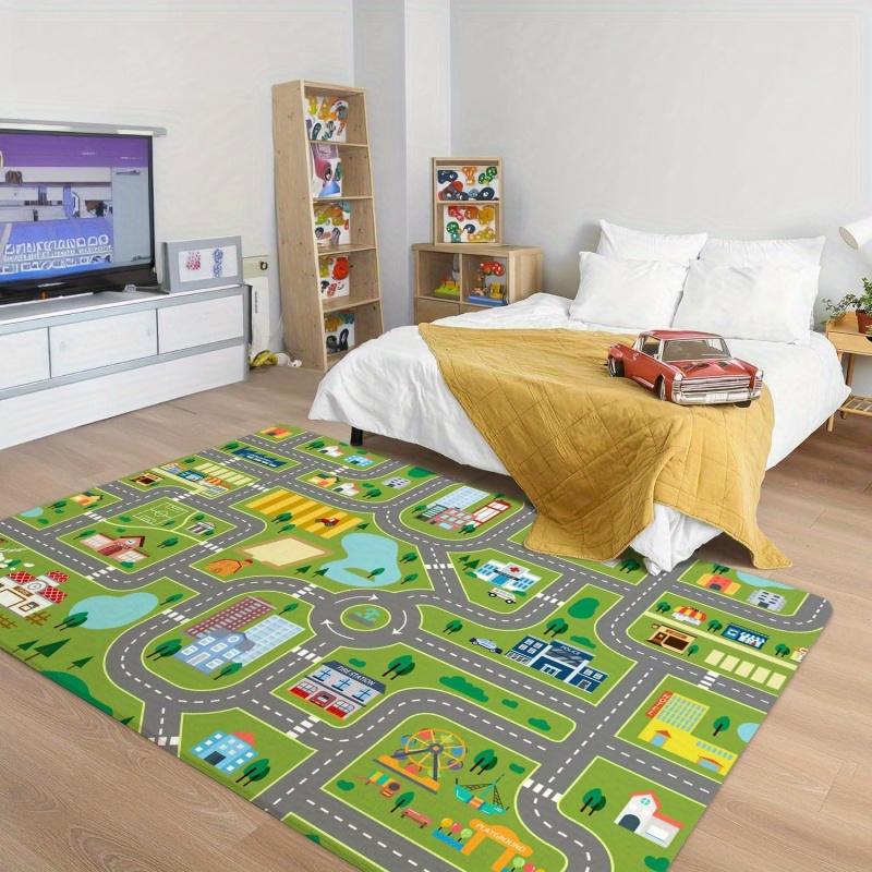 Green City Road Map Non-slip Kids Play Rug Interactive Educational Traffic Floor Mat for Bedroom Playroom Nursery Decor