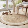 Jute Area Rug Approx Braided Design Hand Woven Natural White Rings Carpet - Home Decor for Living Room Hallways - Round Natural Fibers