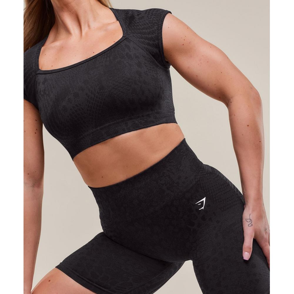 Gymshark Бесшовный укороченный топ Adapt X Whitney Animal Black Asphalt Grey B3b2h Bc3c