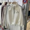 Autumn American Vintage Letter Print Fleece Hoodie Women Half Zip Loose Casual Top