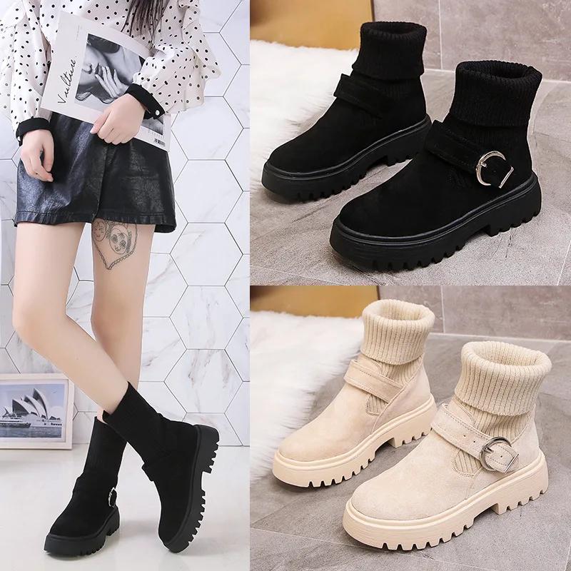 Теплые ботильоны женские зимние модные вязаные женские туфли корейские ботильоны на шнуровке на платформе короткие ботильоны теплые ботильоны с квадратными пуговицами женские