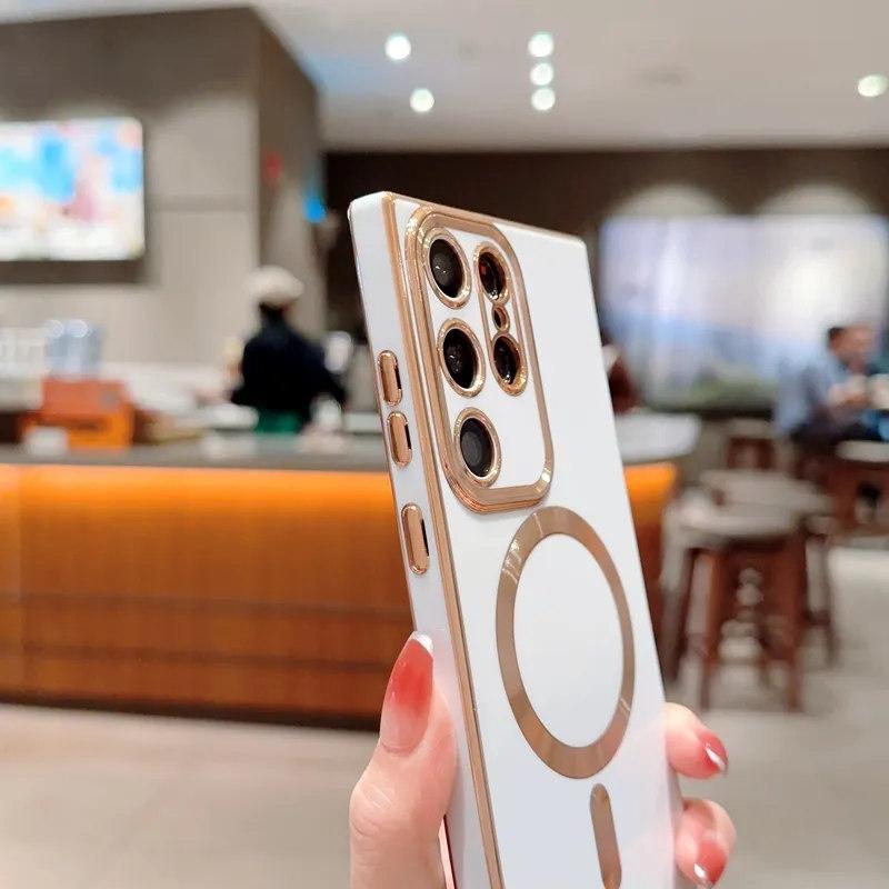 Роскошный магнитный чехол для телефона с беспроводной зарядкой для Samsung S21 S22 S23 Ultra Plus Magsafe, бампер, противоударный мягкий чехол