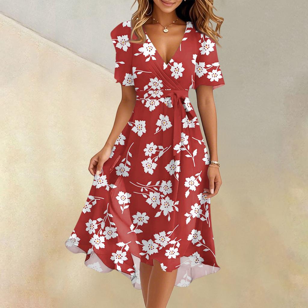 Women's Summer Fashion V-Neck Flared Dress Short Sleeve Floral Dresses