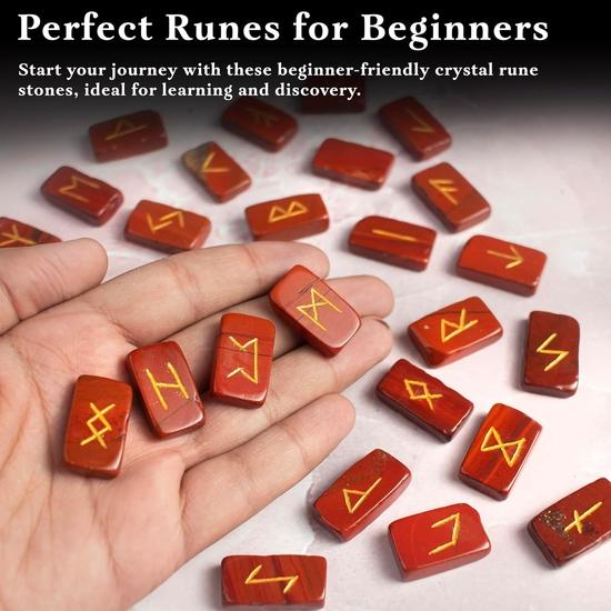 Crocon Mothers Day Gift Red Jasper Rectangle Shape Gemstone Runes with Elder Futhark Alphabet Engraved 25 Pcs Rune Set | Size : 20-25mm