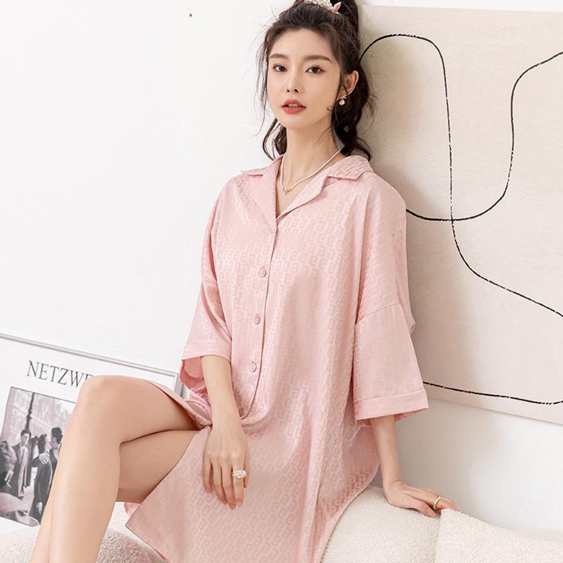Ice Silk Jacquard Shirt Dress Nightdress: 2024 Spring/Autumn Collection
