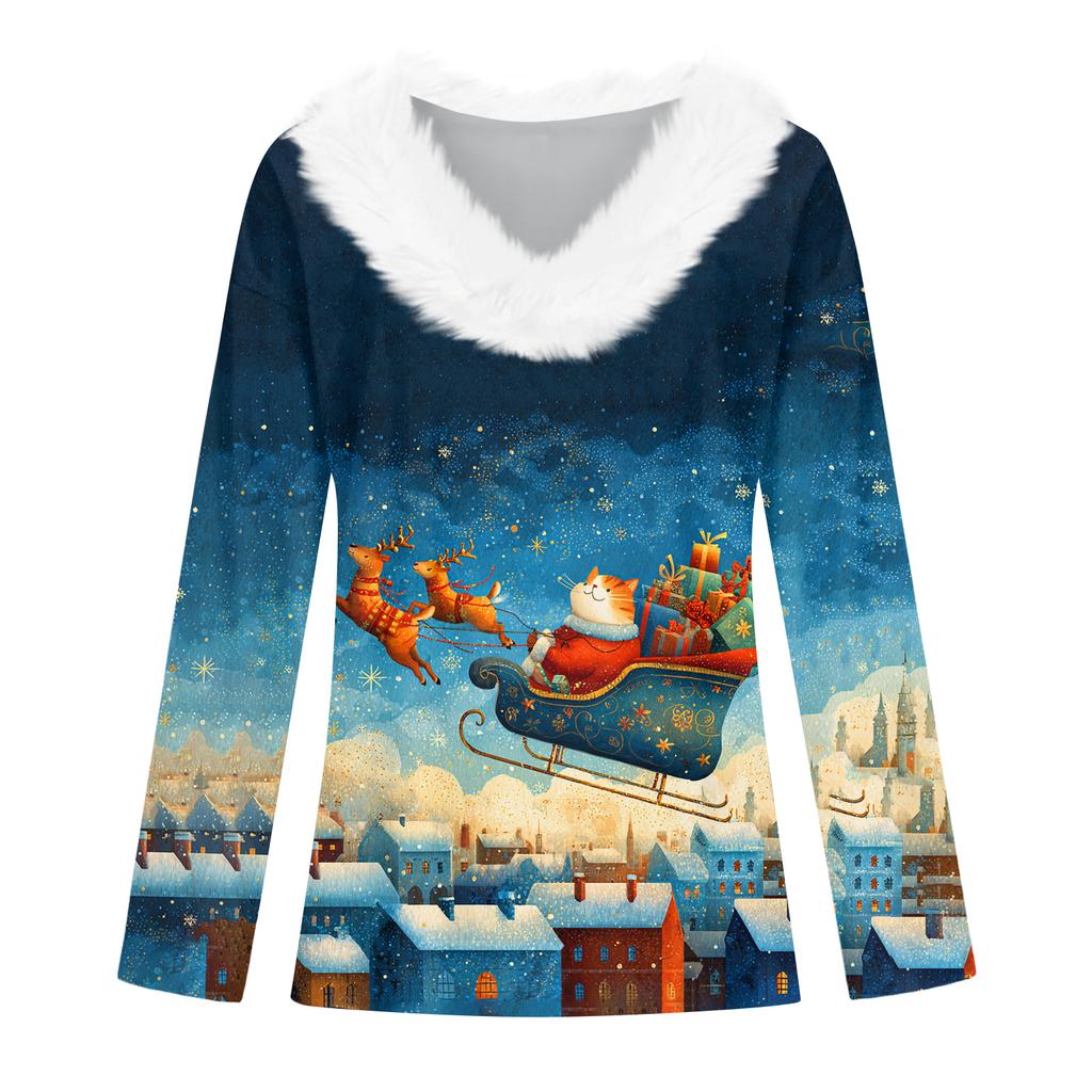 Женский рождественский топ с принтом, длинными рукавами, для вечеринки, с плюшевой отделкой на шее, с V-образным вырезом