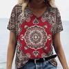 New Women T-shirt Ethnic Pattern Print Oversized Women's Trending Clothing Fashion Short Sleeve Shirt Women V-Neck Blouse 2024