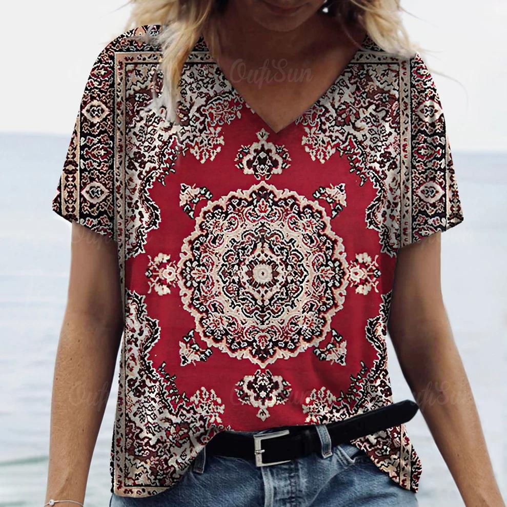 New Women T-shirt Ethnic Pattern Print Oversized Women's Trending Clothing Fashion Short Sleeve Shirt Women V-Neck Blouse 2024