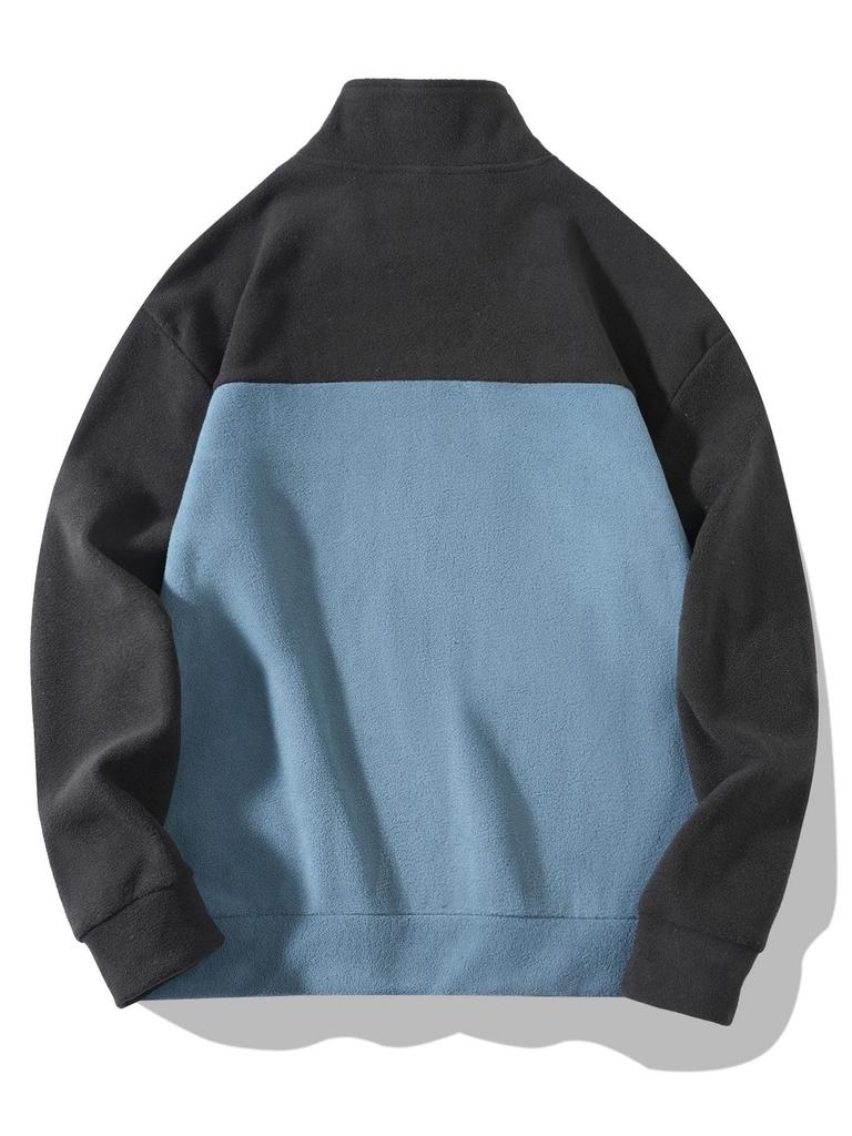 Мужская осенне-зимняя флисовая толстовка с полумолнией, воротником-стойкой, цветовыми блоками и жаккардовым узором