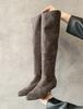 2024 Новый Стиль Кучи Сапог Заостренный Носок Квадратный Каблук Замша Римский Стиль Коричневые Длинные Сапоги до Колена Женские Сапоги